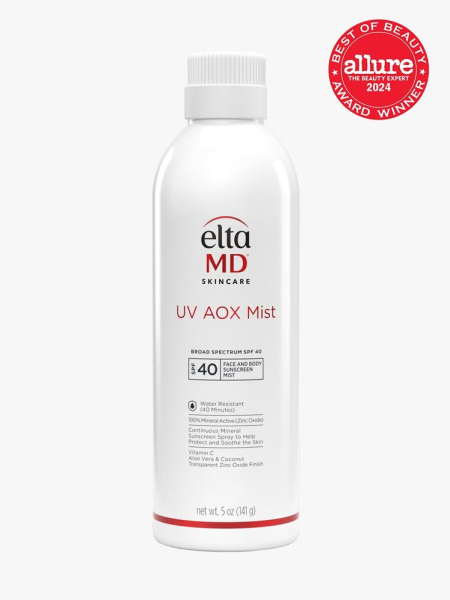 EltaMD UV AOX Mist Broad-Spectrum SPF 40 branded spray component with black and red accents on a light gray background with red Allure Best of Beauty seal in the top right corner