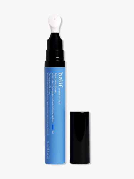 Belif Aqua Bomb Depuffing Eye Gel blue eye cream pen with black cap on light gray background