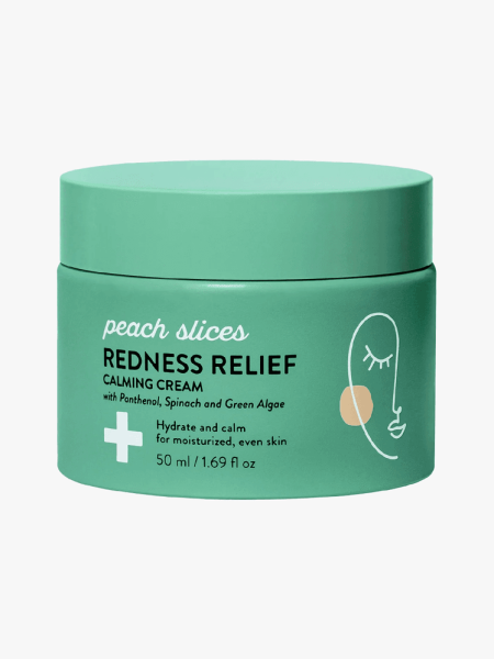Peach Slices Redness Relief Calming Cream in branded tub component on a light gray background